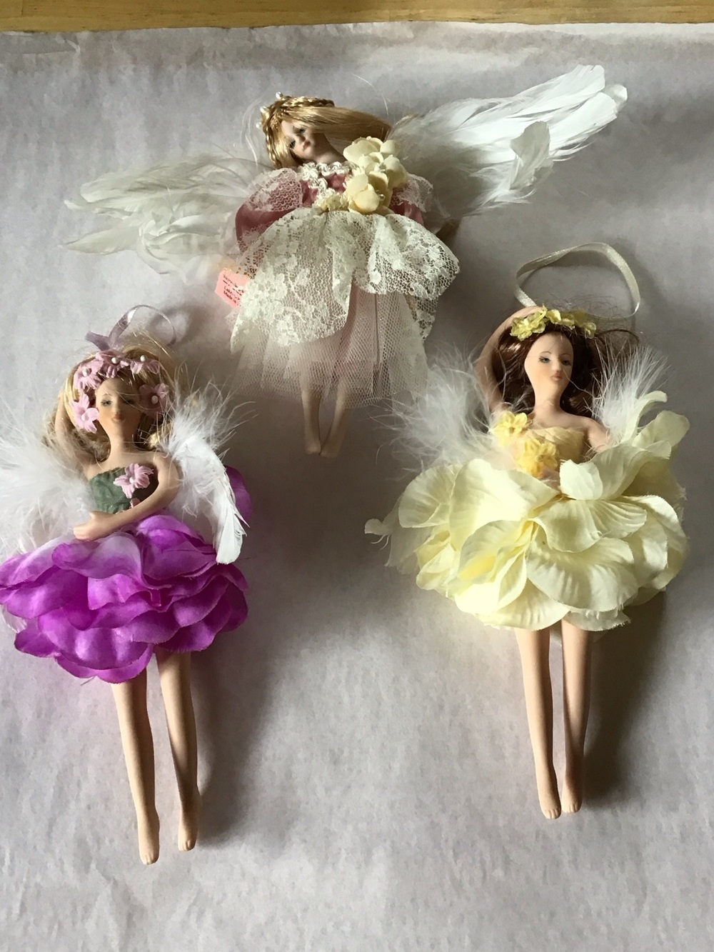 Set of 3 Floral Fairy Doll Ornaments - Purple, Yellow, Cream